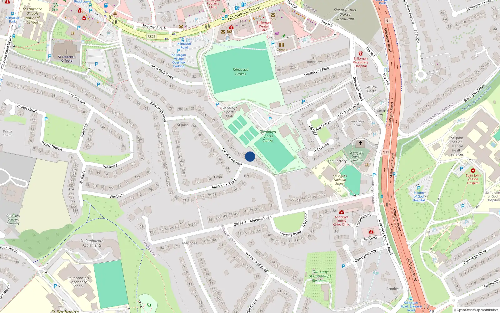 Overhead map showing the location of 11 Merville Avenue, Dublin