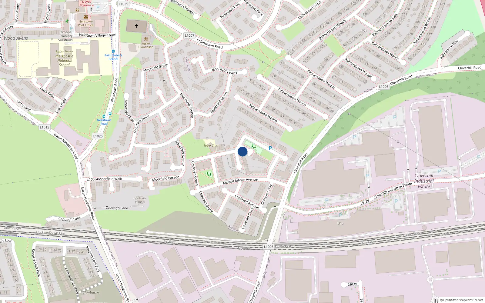 Overhead map showing the location of 11 Milford Manor Avenue, Dublin 22