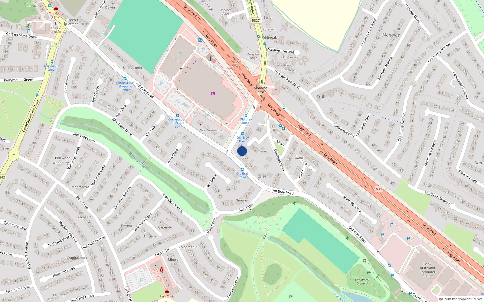 Overhead map showing the location of 11 Monaloe Court, Blackrock