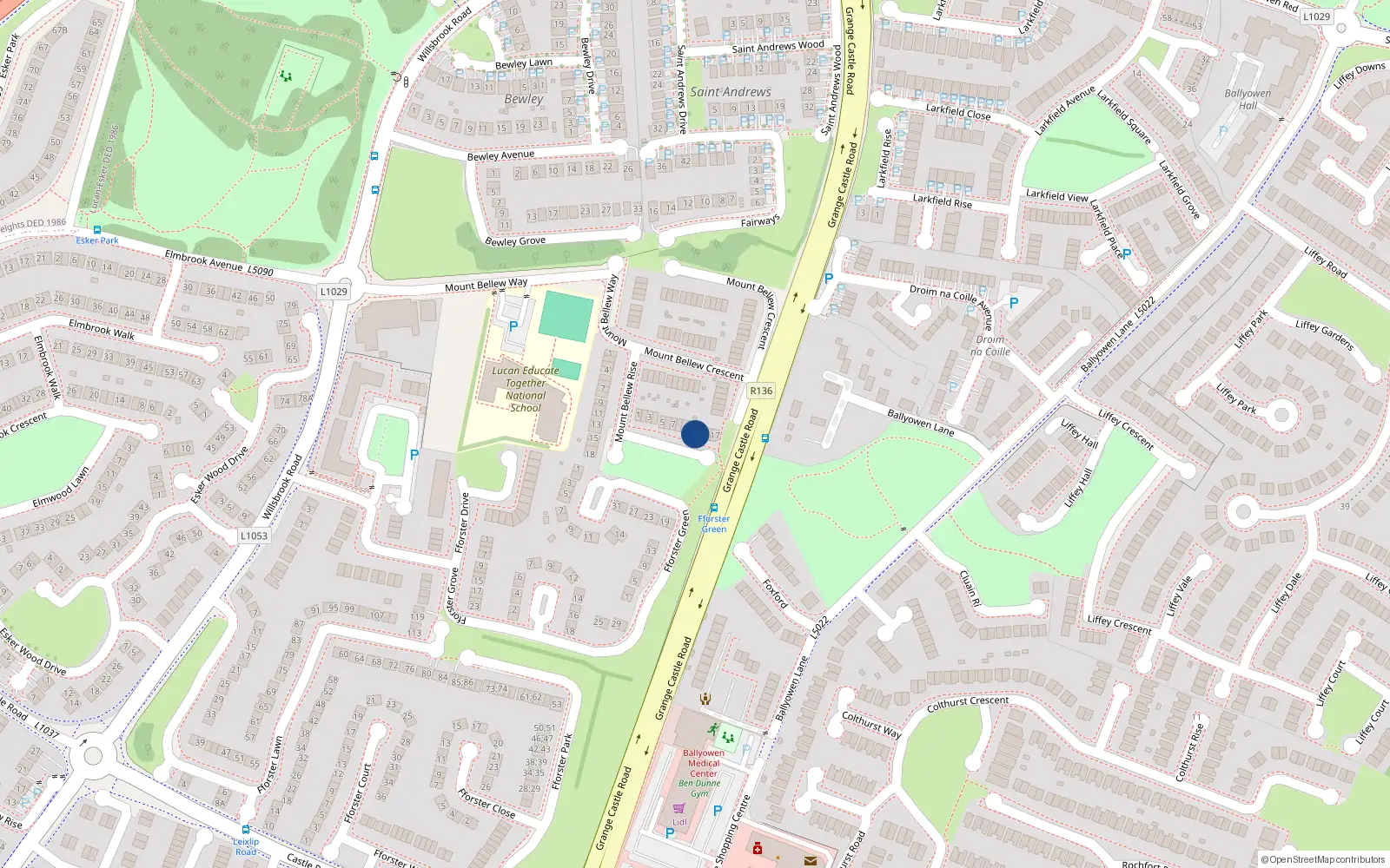 Overhead map showing the location of 11 Mount Bellew Green, Lucan, Dublin