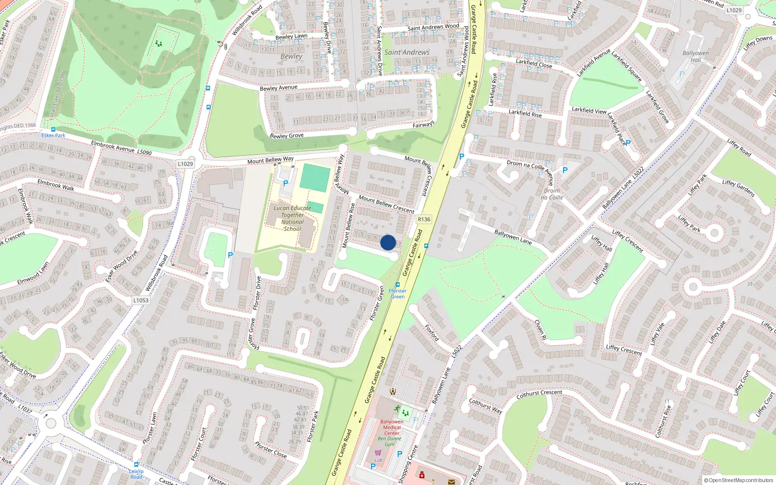 Overhead map showing the location of 11 Mount Bellew Green, Lucan