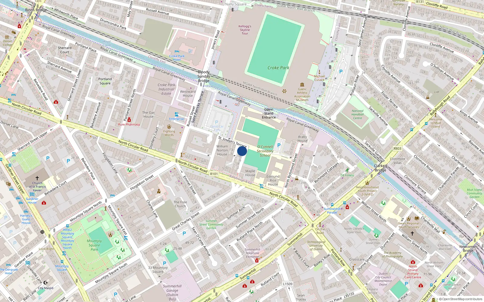 Overhead map showing the location of 11 Mountjoy Parade, Dublin 1, Dublin