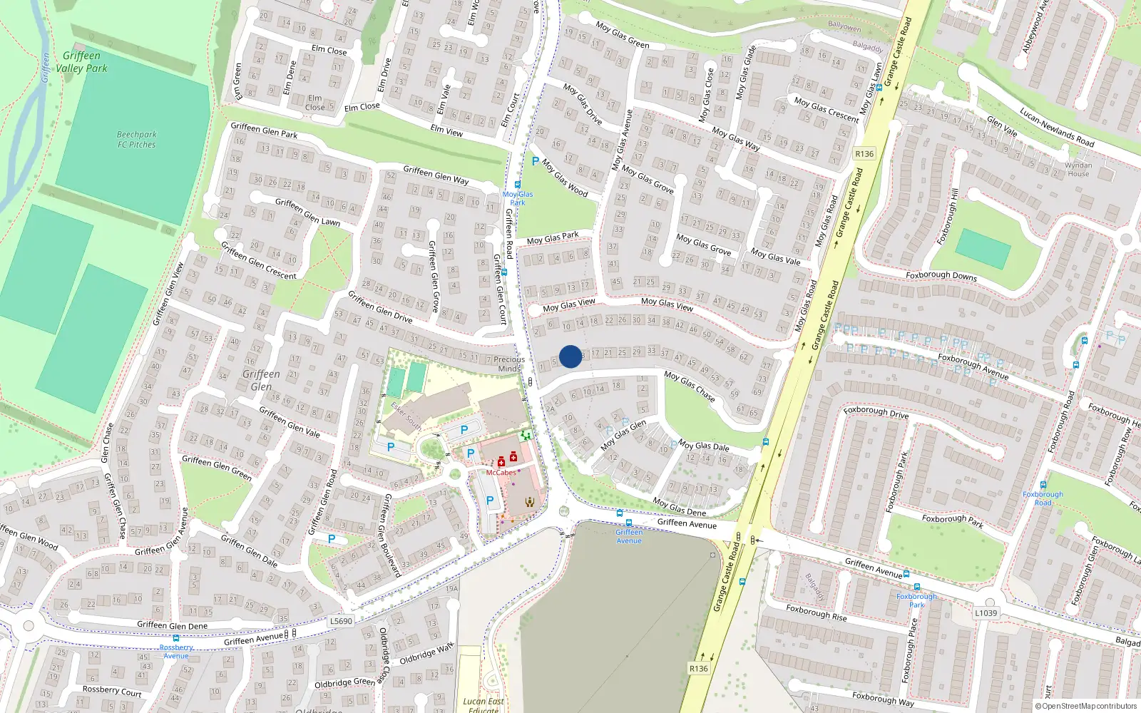 Overhead map showing the location of 11 Moy Glas Chase, Lucan, Dublin