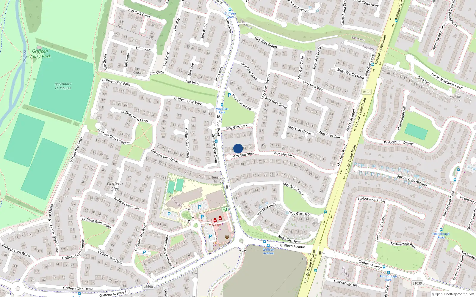 Overhead map showing the location of 11 Moy Glas View, Lucan