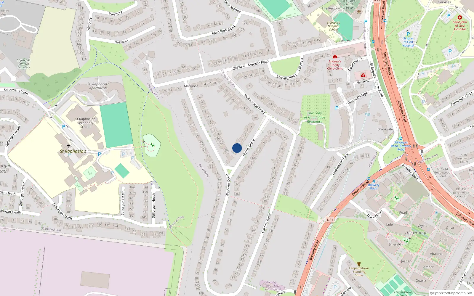 Overhead map showing the location of 11 Myrtle Grove, Stillorgan, Dublin