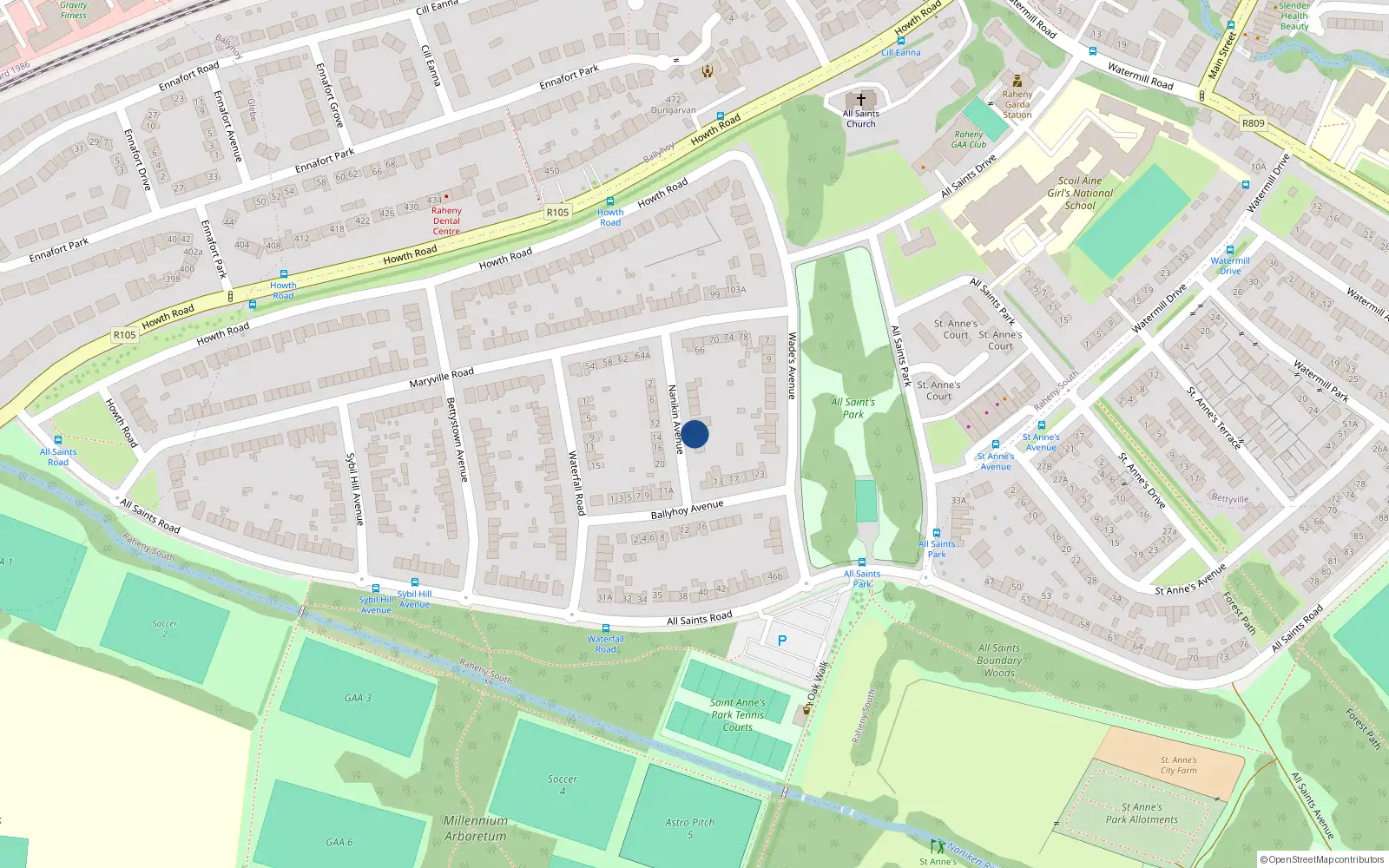 Overhead map showing the location of 11 Nanikin Avenue, Raheny, Dublin 5