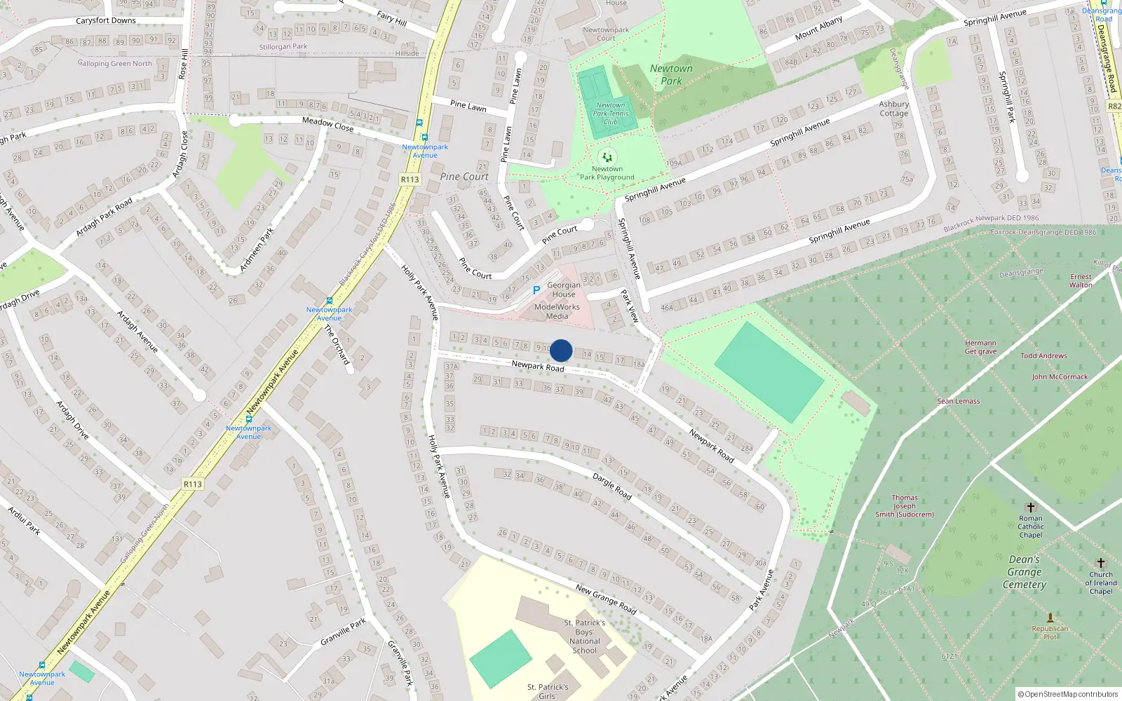 Overhead map showing the location of 11 New Park Road, Hollypark, Blackrock