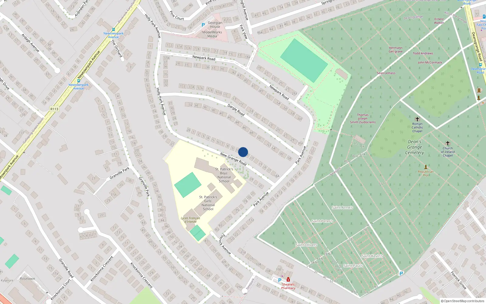 Overhead map showing the location of 11 New Grange Road, Blackrock