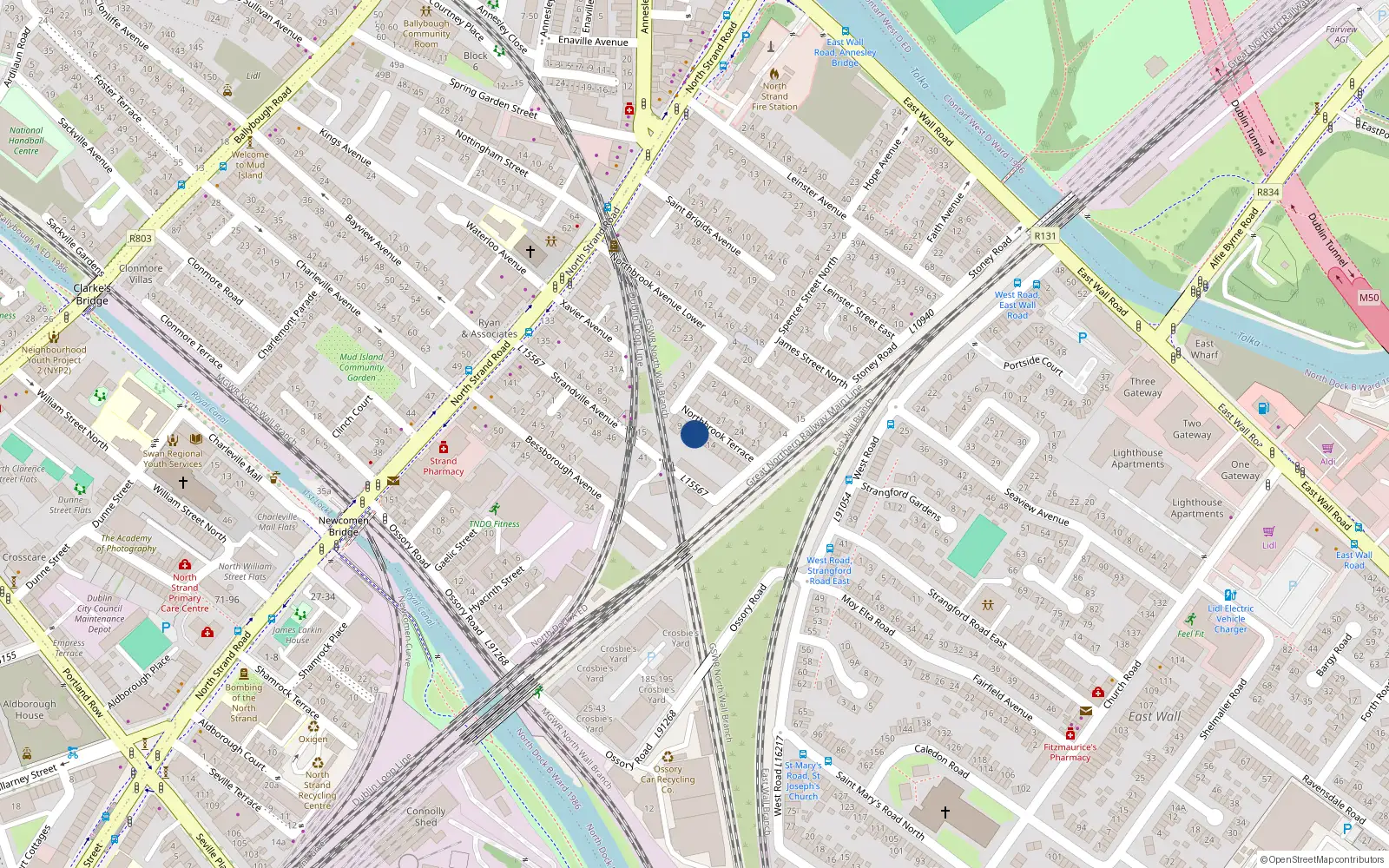 Overhead map showing the location of 11 Northbrook Terrace, North Strand, Dublin 3