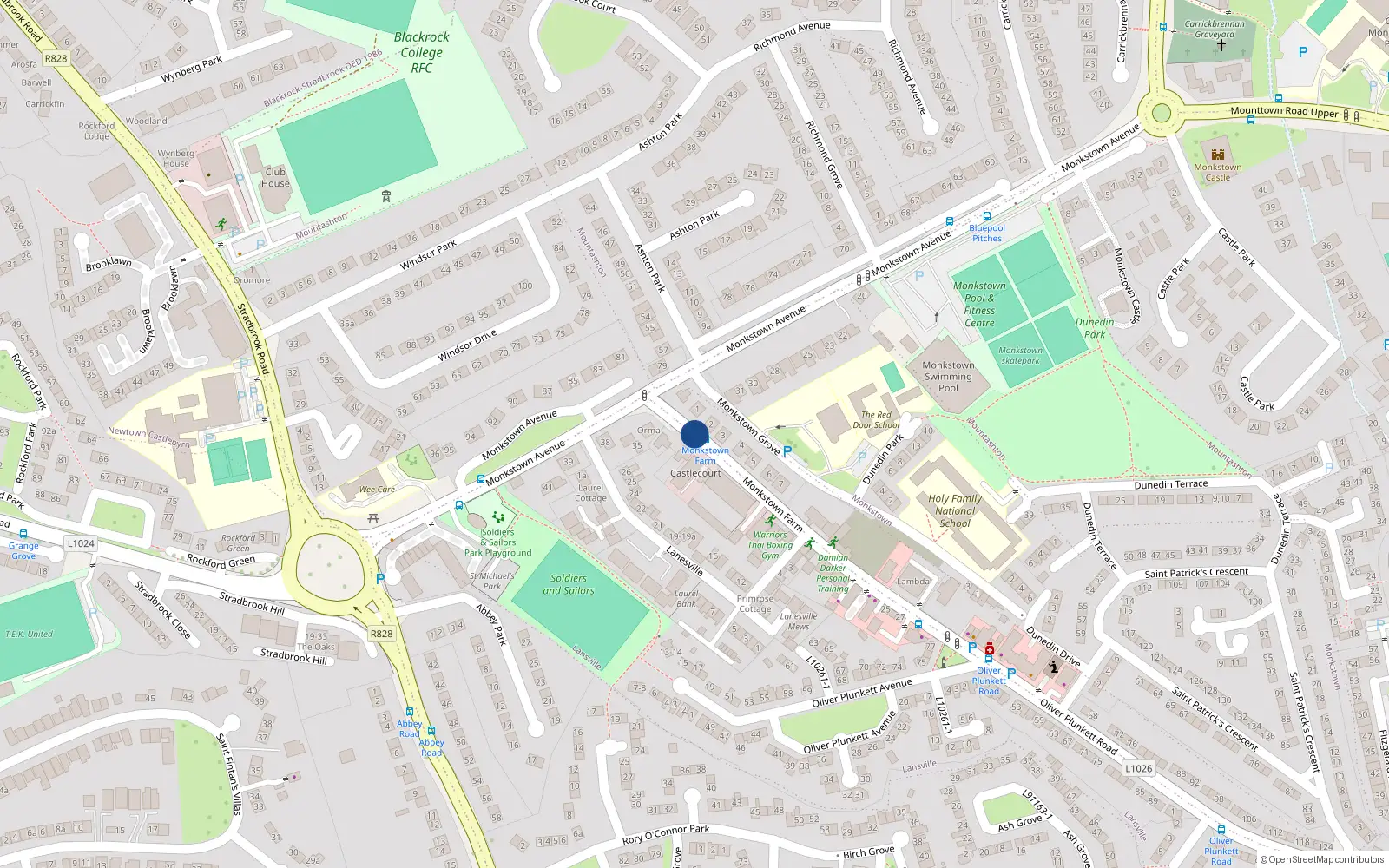Overhead map showing the location of 11 Oliver Plunkett Square, Monkstown Farm, Dun Laoghaire