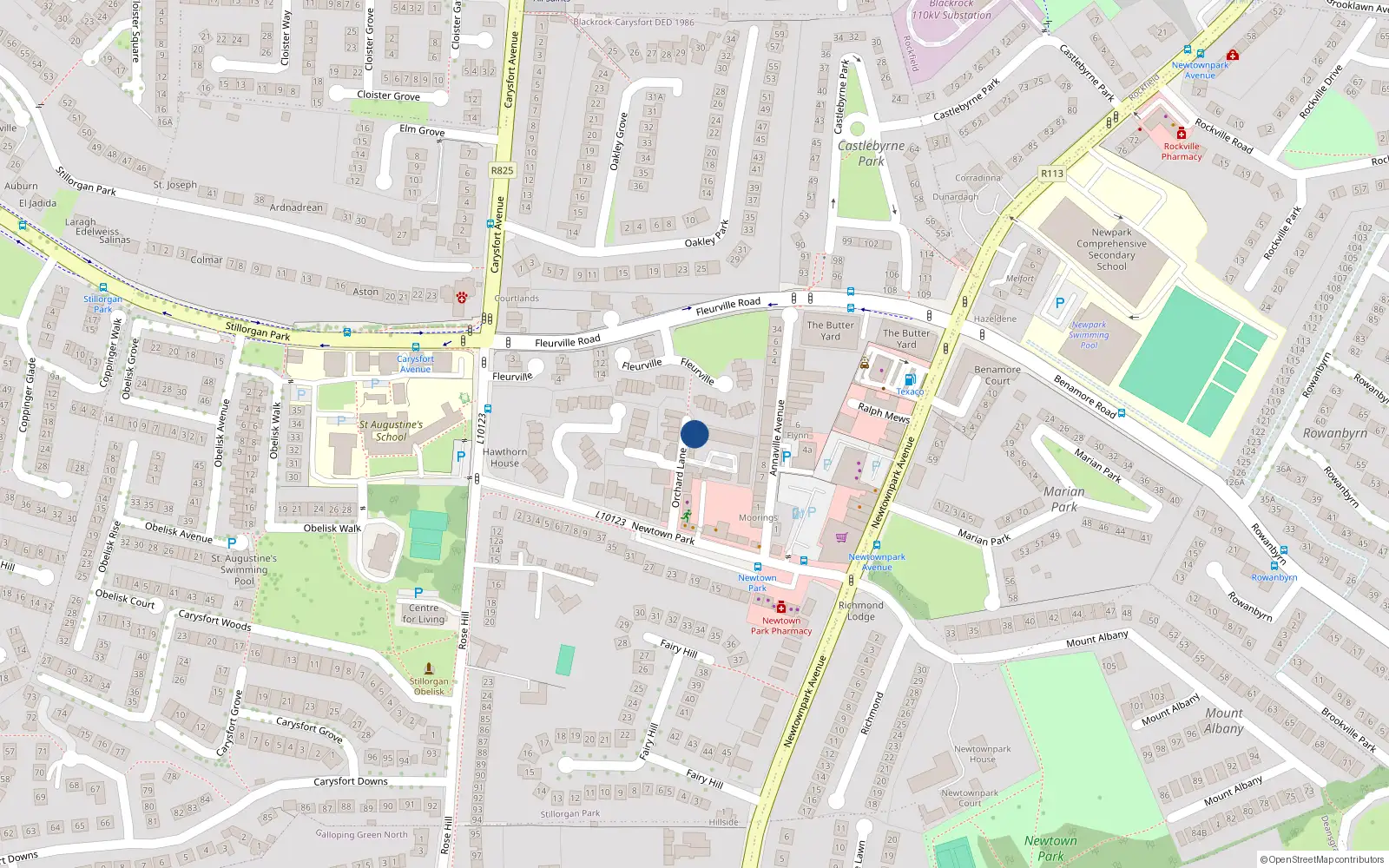 Overhead map showing the location of 11 Orchard Lane, Newtown Park, Blackrock