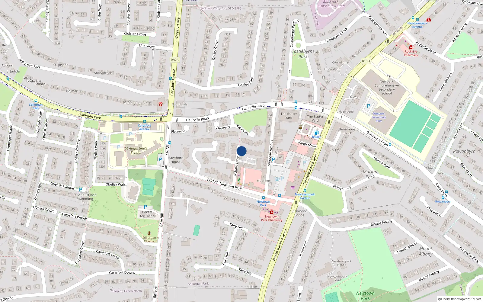 Overhead map showing the location of 11 Orchard Lane, Blackrock
