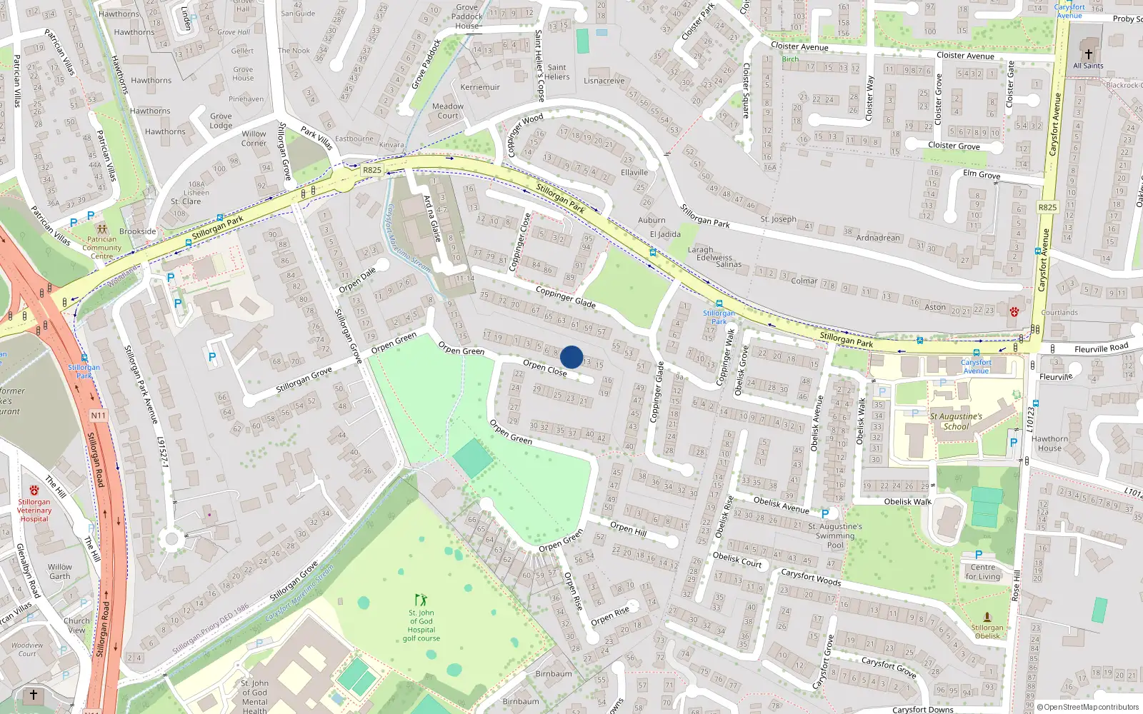 Overhead map showing the location of 11 Orpen Close, Stillorgan Grove, Blackrock