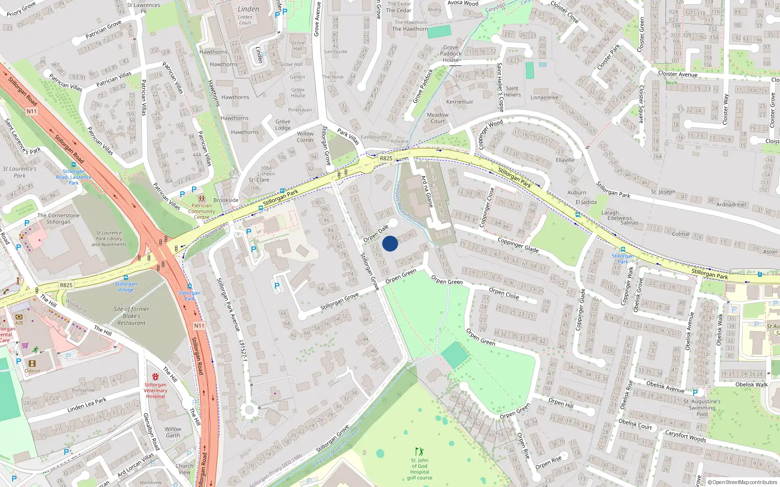Overhead map showing the location of 11 Orpen Dale, Blackrock