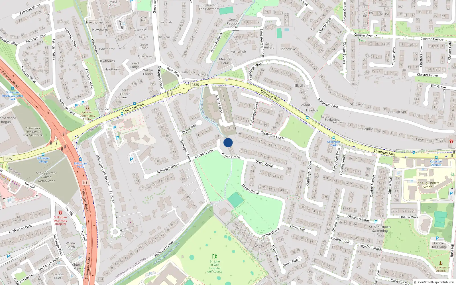 Overhead map showing the location of 11 Orpen Green, Stillorgan Grove, Blackrock