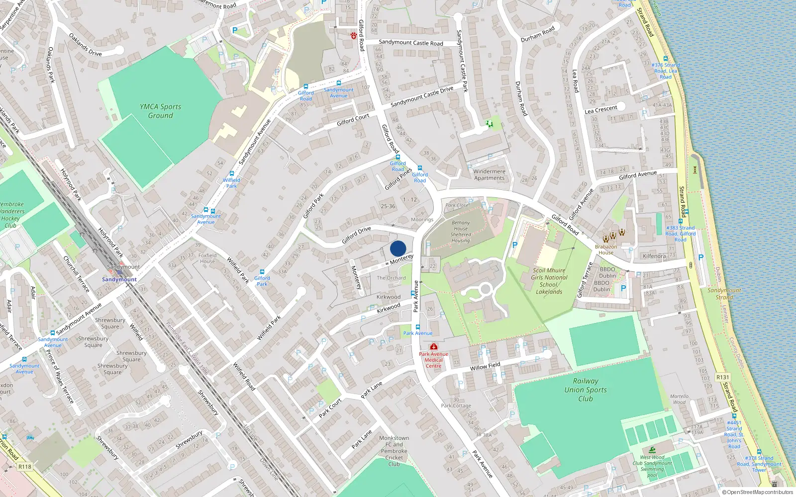 Overhead map showing the location of 11 Park Avenue, Sandymount