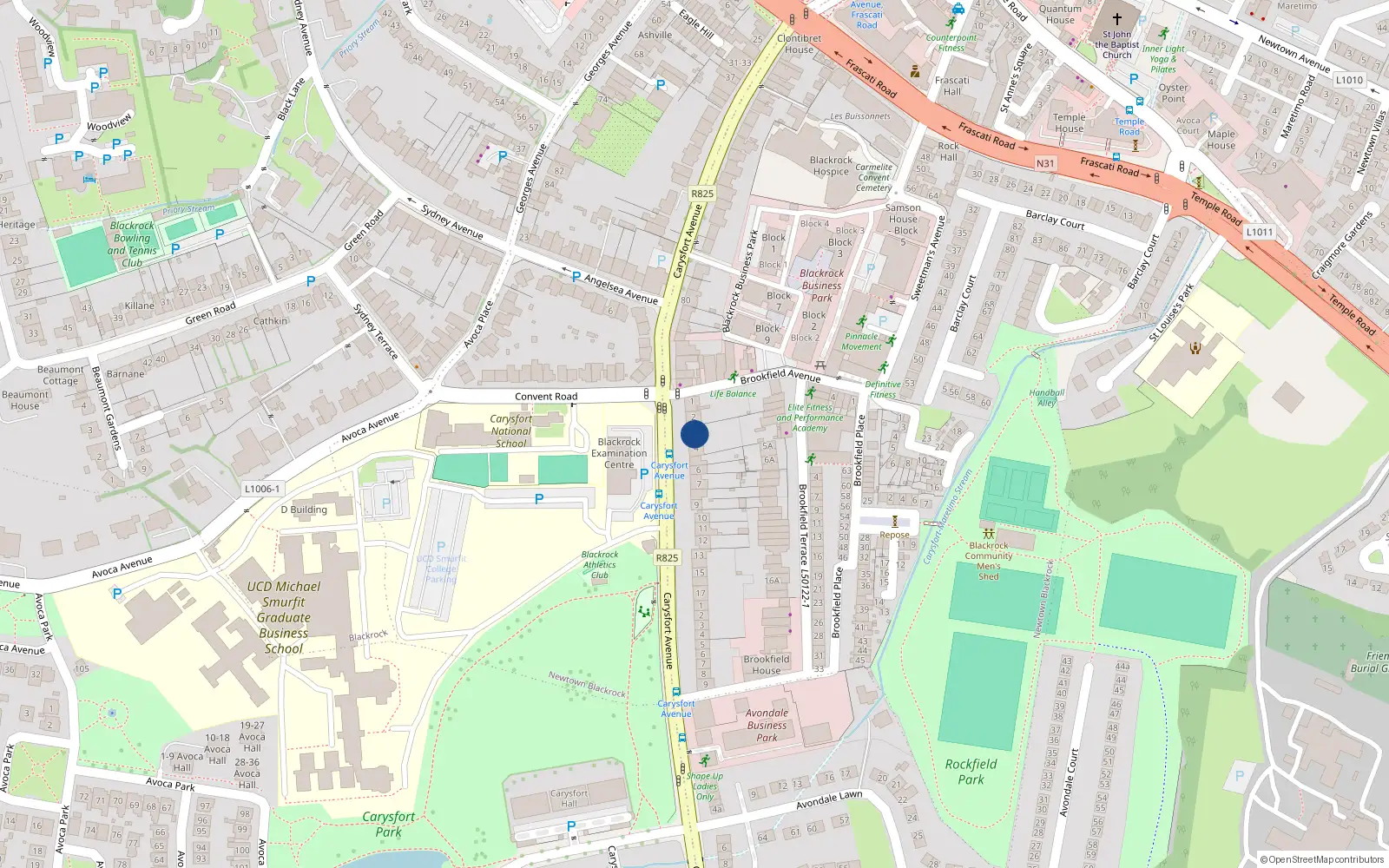 Overhead map showing the location of 11 Prince Edward Terrace Lower, Carysfort Avenue, Blackrock