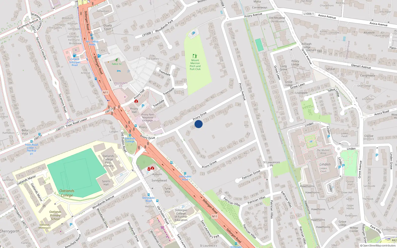 Overhead map showing the location of 11 Priory Drive, Dublin