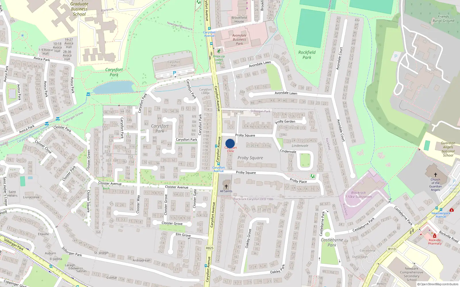 Overhead map showing the location of 11 Proby Square, Blackrock, Co. Dublin