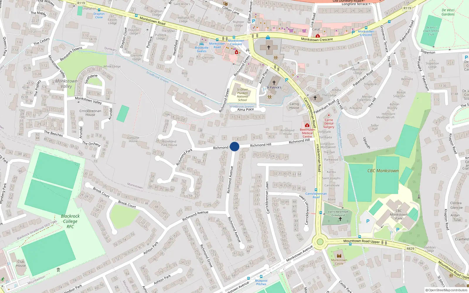 Overhead map showing the location of 11 Richmond Hill, Monkstown