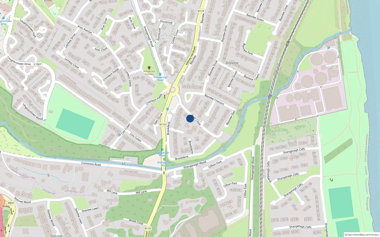 Overhead map showing the location of 11, 11 River Close, Killiney