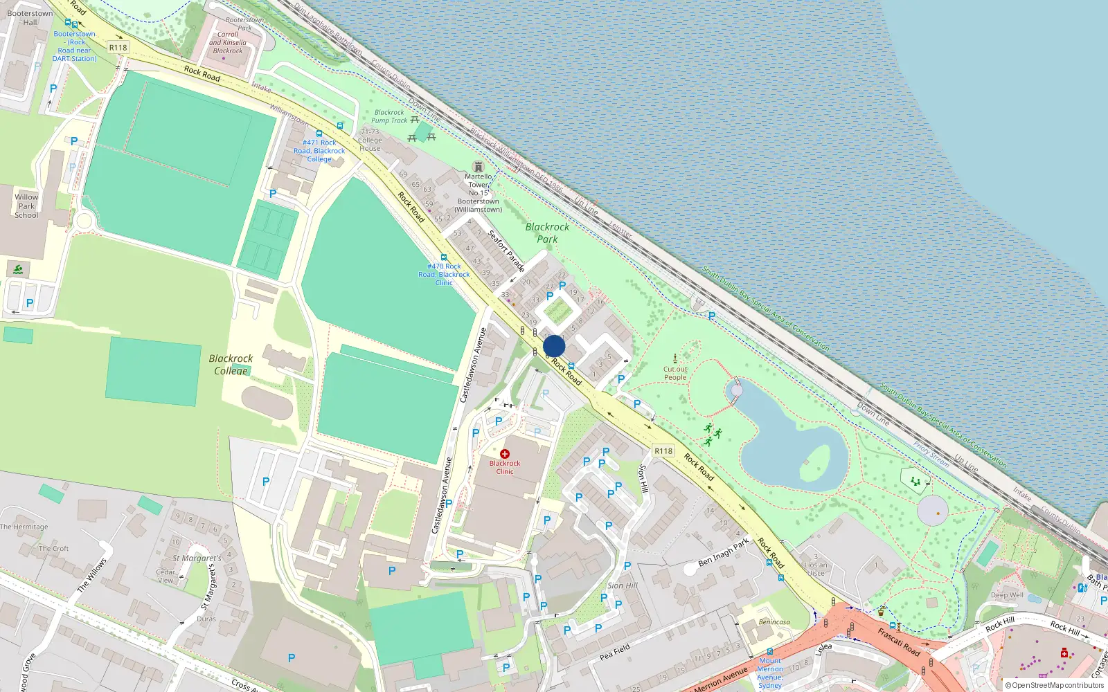Overhead map showing the location of 11 Rock Road, Blackrock, Dublin