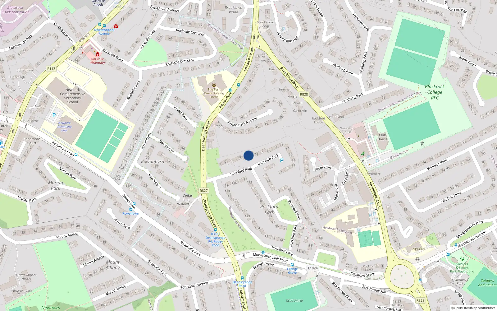 Overhead map showing the location of 11 Rockford Park, Blackrock