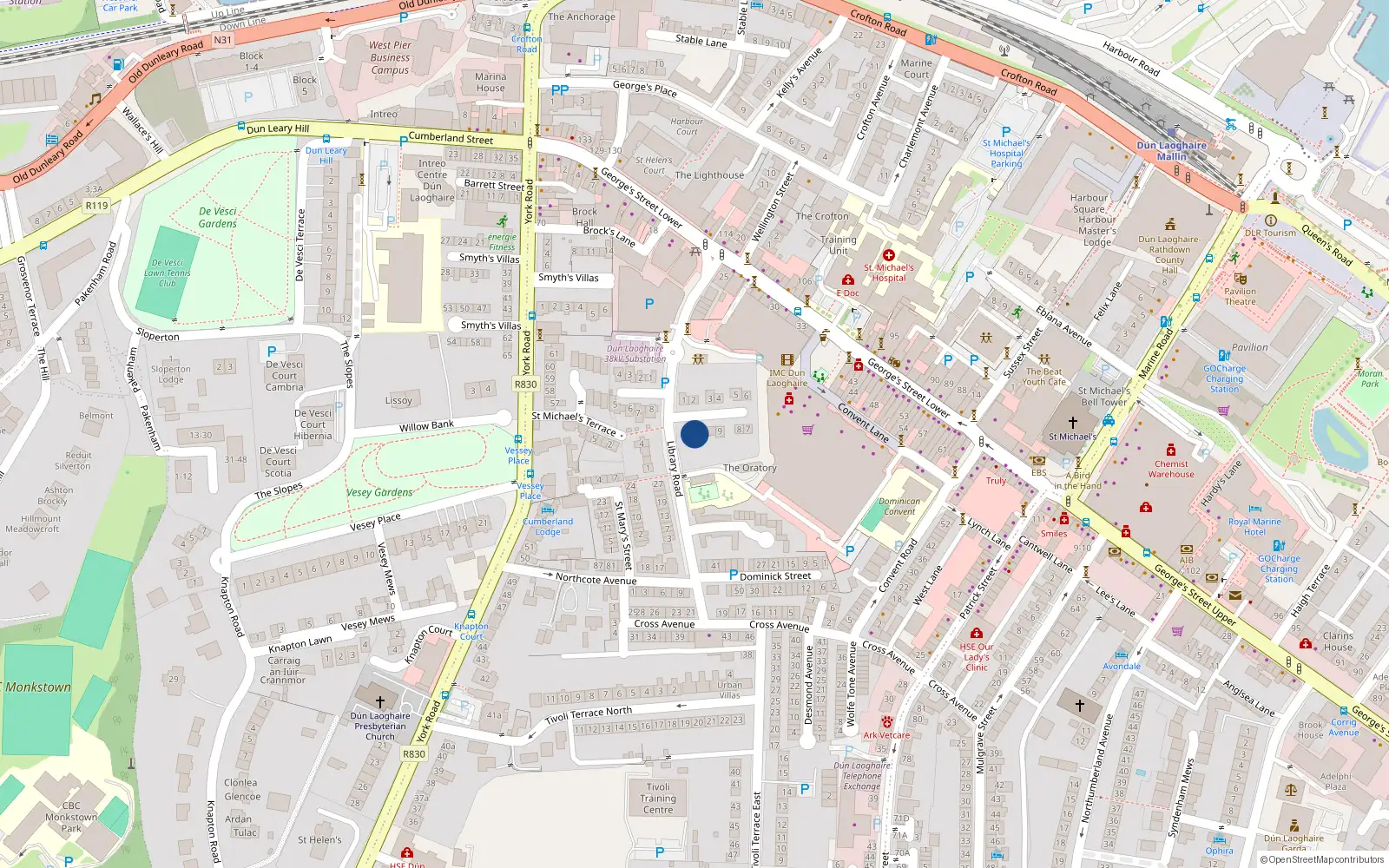 Overhead map showing the location of 11 Rosary Gardens East, Dun Laoghaire