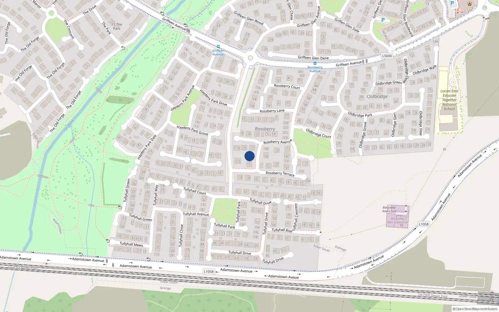 Overhead map showing the location of 11 Rossberry Avenue, Lucan, Dublin