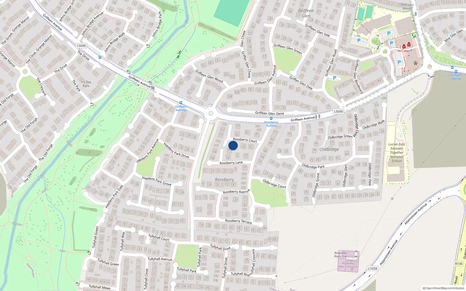 Overhead map showing the location of 11 Rossberry Court, Lucan, Dublin