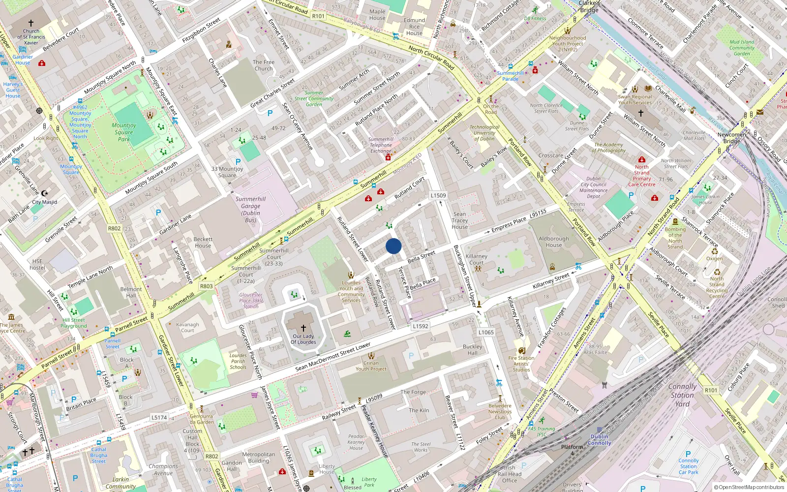 Overhead map showing the location of 11 Rutland Cottages, Dublin 1