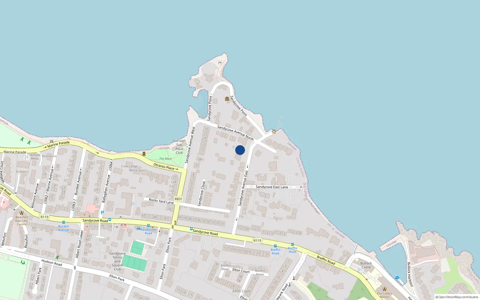 Overhead map showing the location of 11 Sandycove Avenue East, Sandycove, Dublin