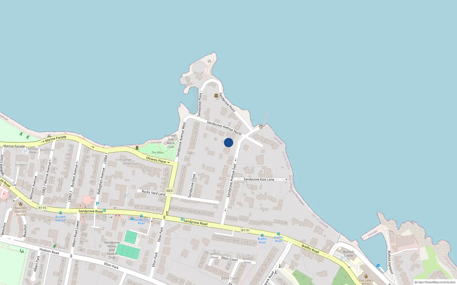 Overhead map showing the location of 11 Sandycove Avenue East, Dublin