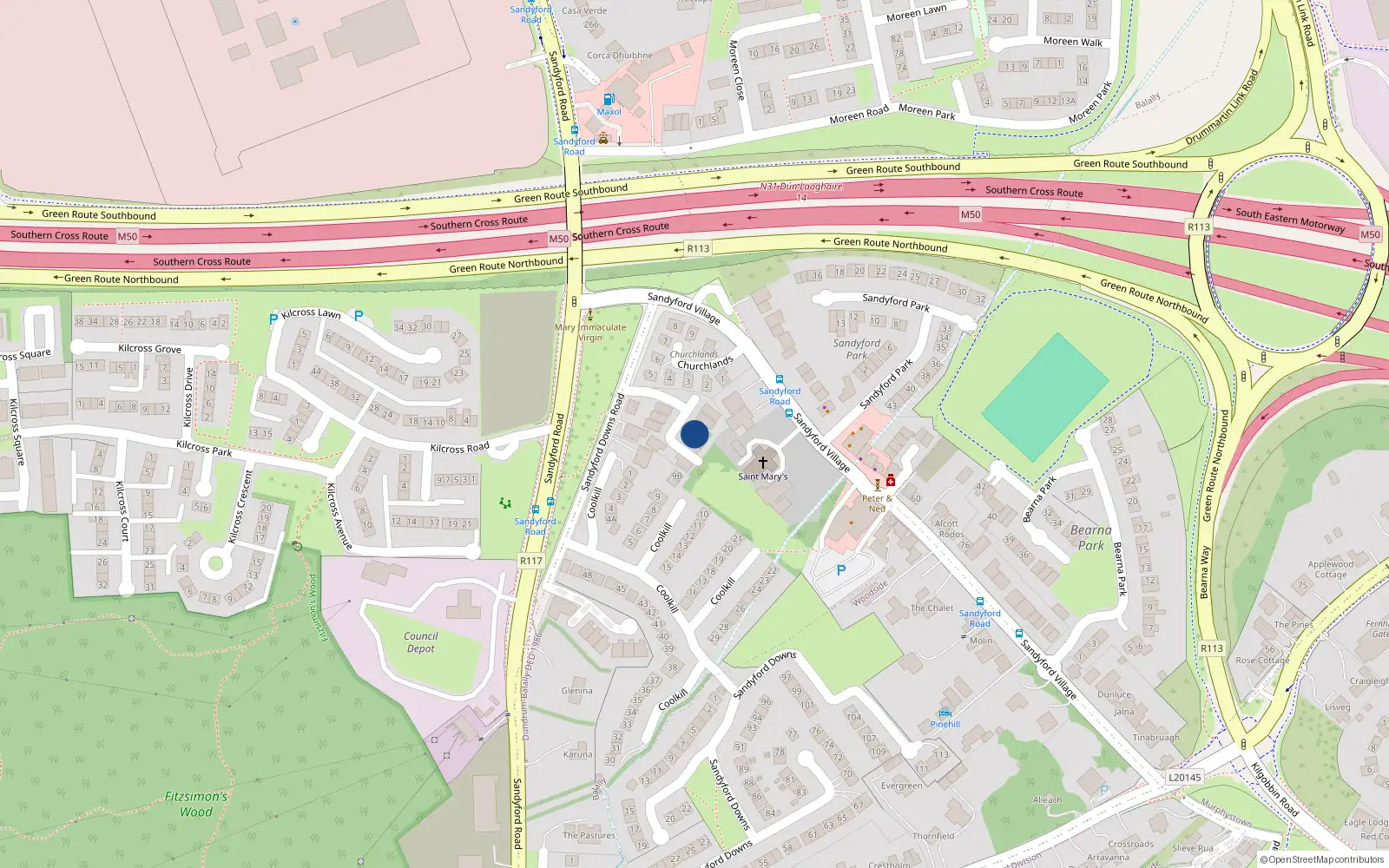 Overhead map showing the location of 11 Sandyford Green, Dublin