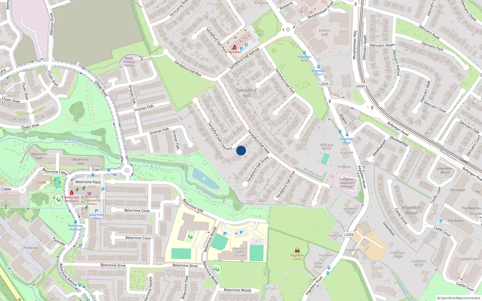 Overhead map showing the location of 11 Sandyford Hall Crescent, Kilgobbin