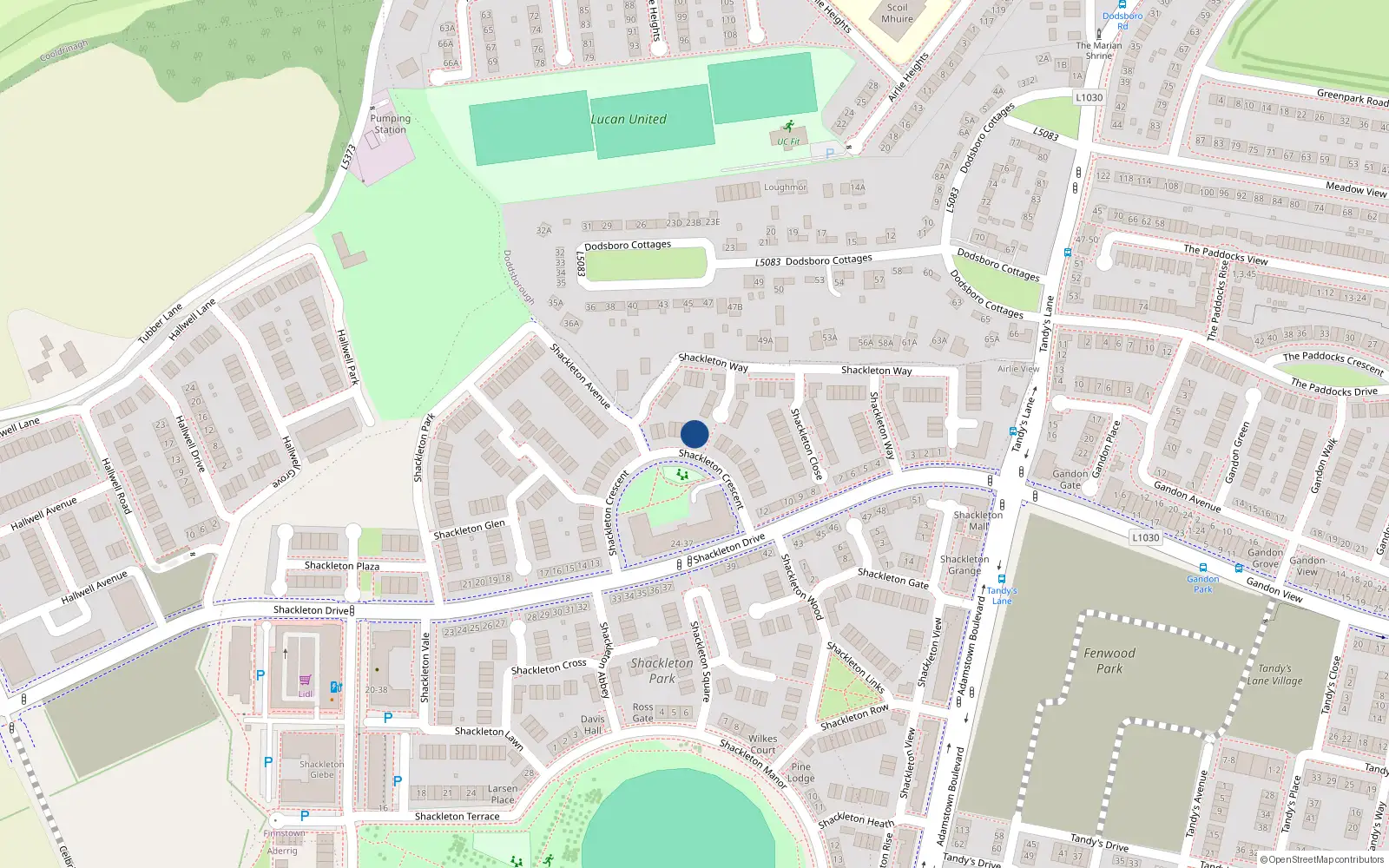 Overhead map showing the location of 11 Shackleton Crescent, Lucan