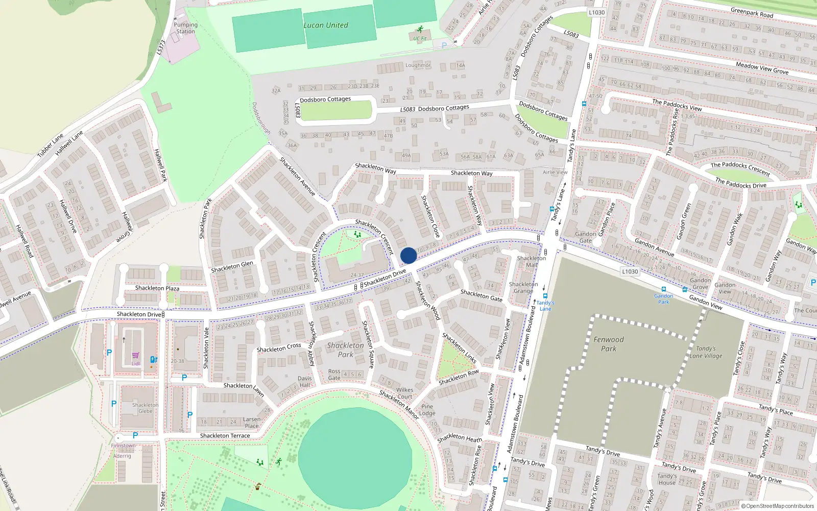 Overhead map showing the location of 11 Shackleton Drive, Lucan