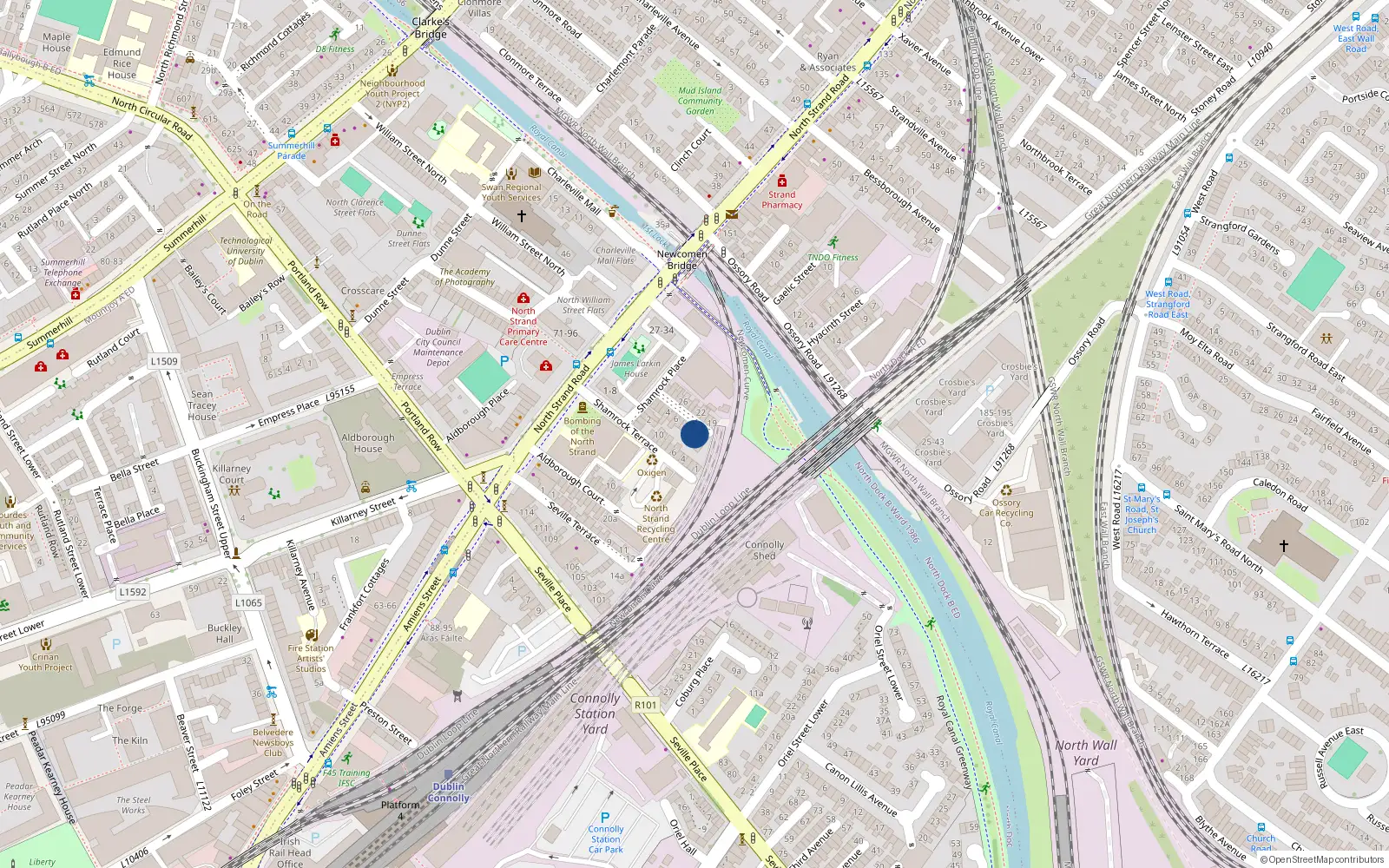 Overhead map showing the location of 11 Shamrock Cottages, North Strand, Dublin 1