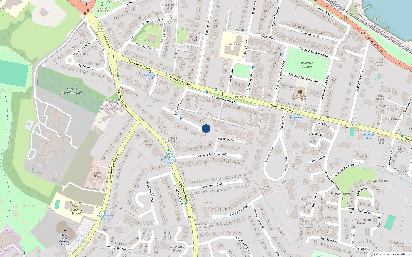 Overhead map showing the location of 11 Shandon Park, Monkstown, Dublin