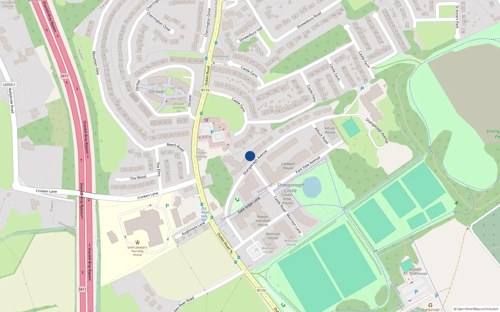 Overhead map showing the location of 11 Shanganagh Avenue, Dublin 18