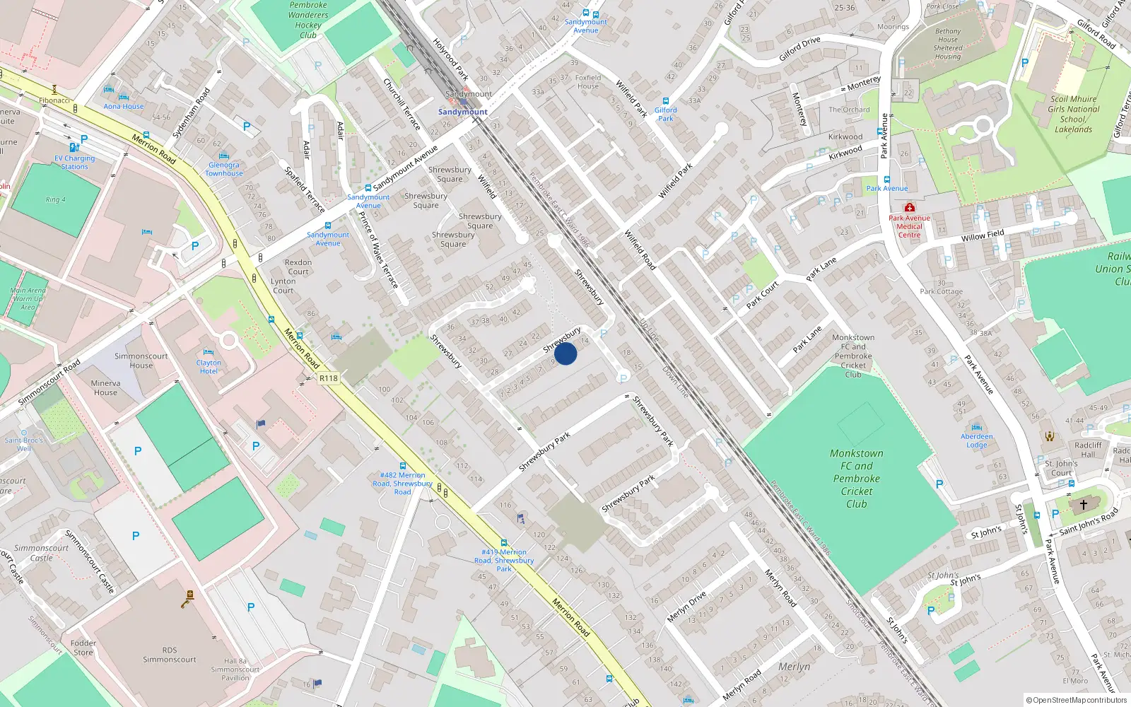 Overhead map showing the location of 11 Shrewsbury, Ballsbridge