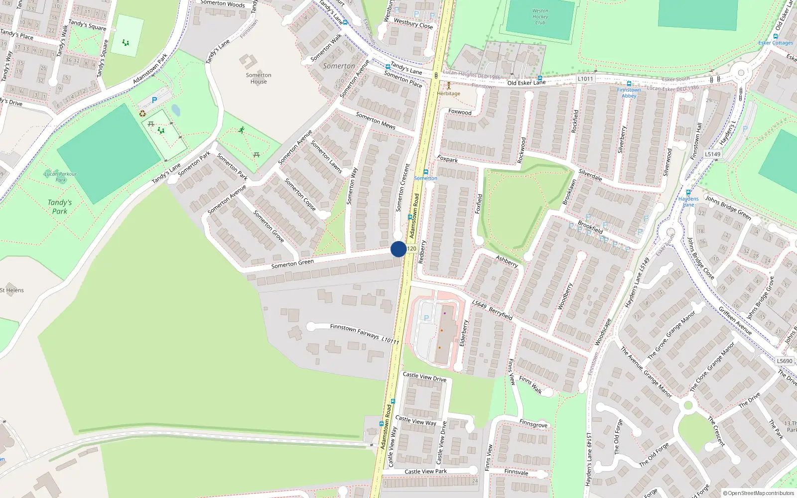 Overhead map showing the location of 11 Somerton Green, Finnstown