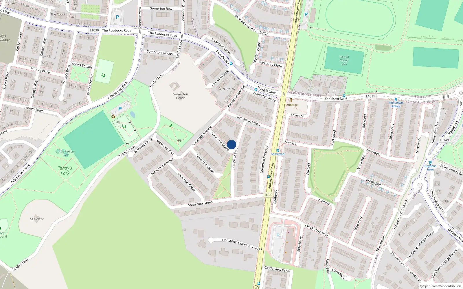 Overhead map showing the location of 11 Somerton Lawns, Lucan