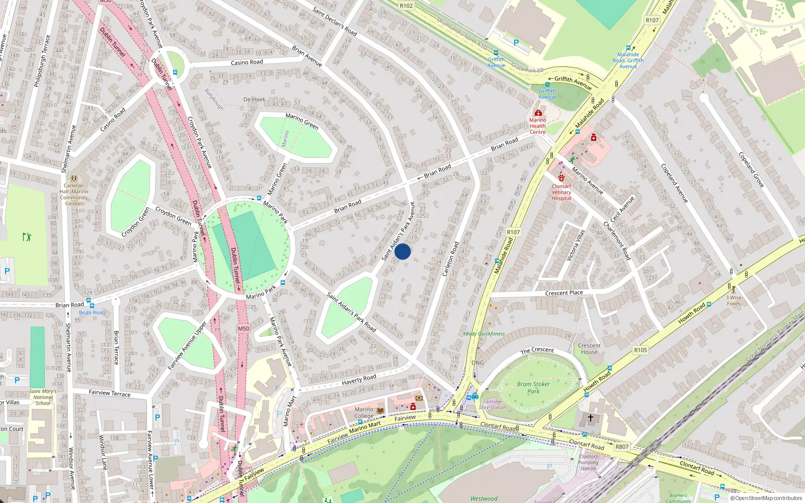 Overhead map showing the location of 11 St Aidans Park Avenue, Marino, Dublin 3