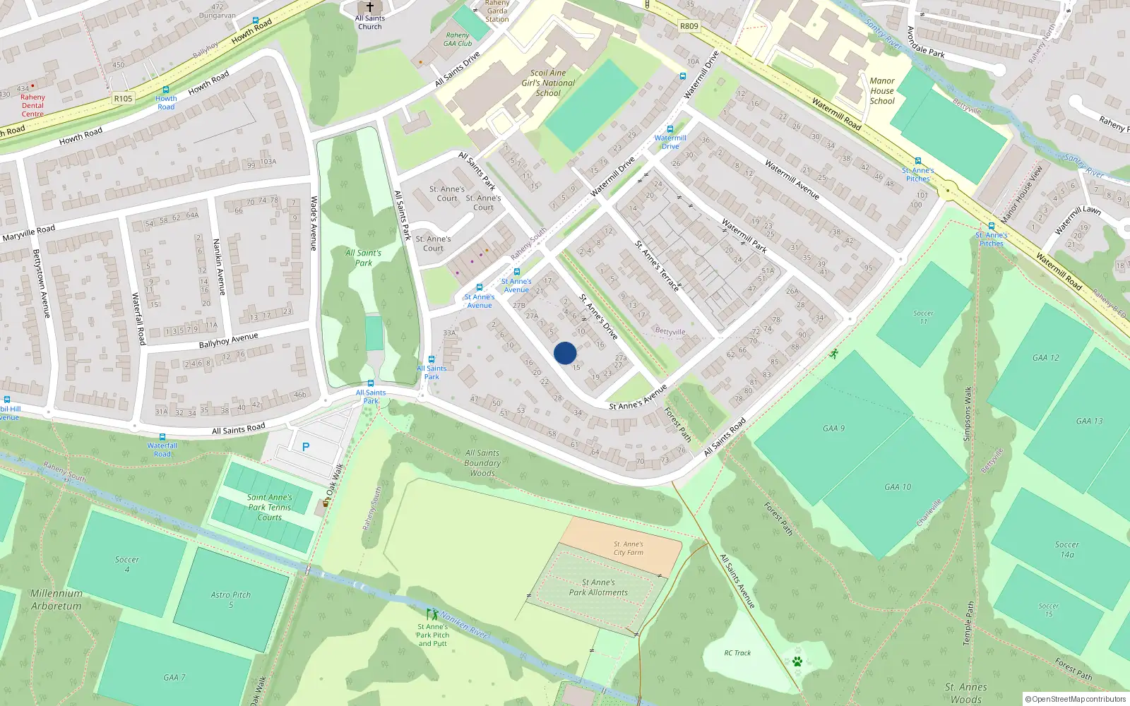 Overhead map showing the location of 11 St Annes Avenue, Raheny, Dublin 5