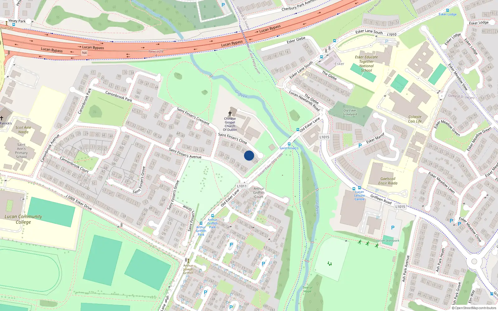 Overhead map showing the location of 11 St Finians Close, Lucan, Dublin