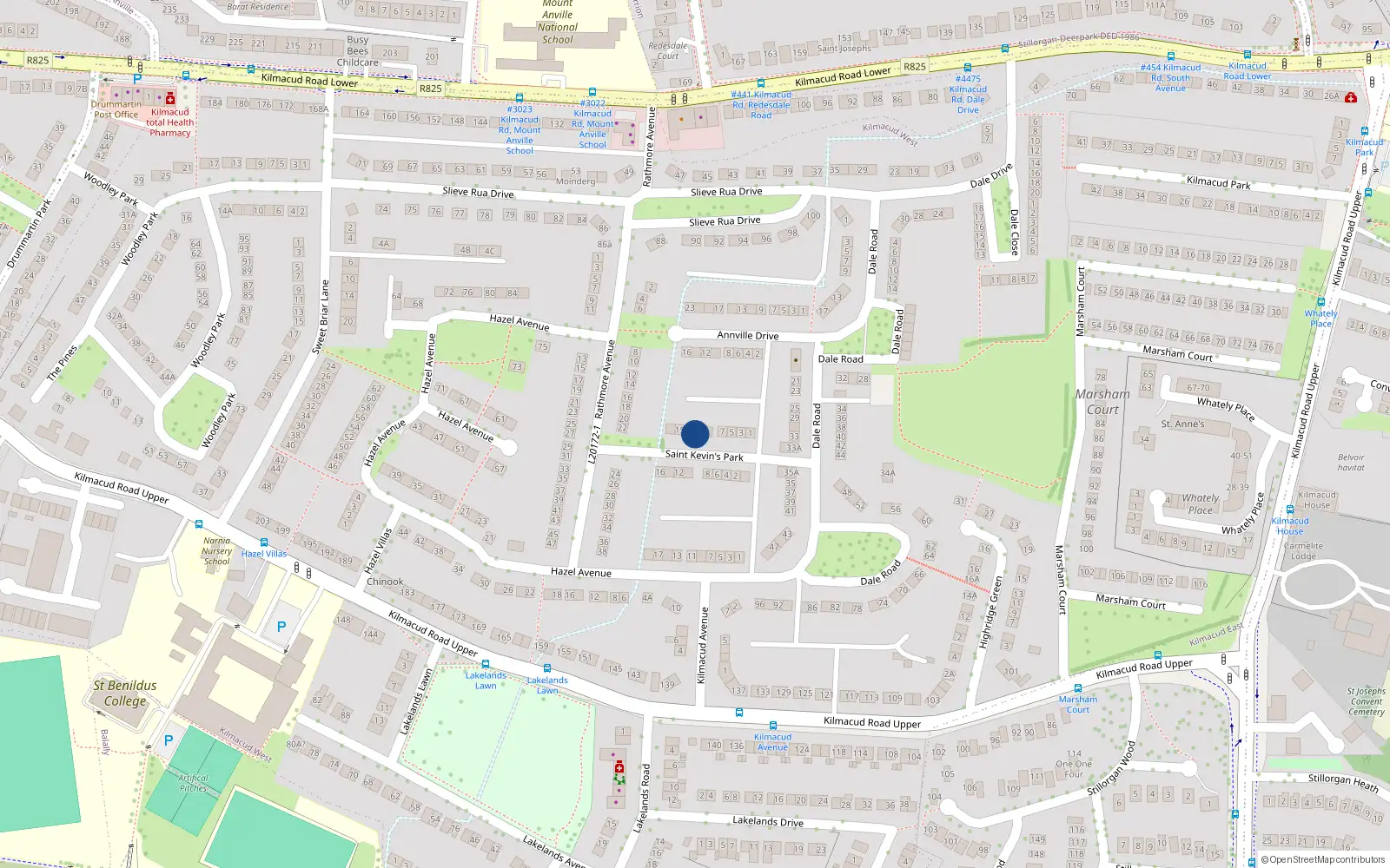 Overhead map showing the location of 11 St Kevins Park, Redesdale Estate, Kilmacud