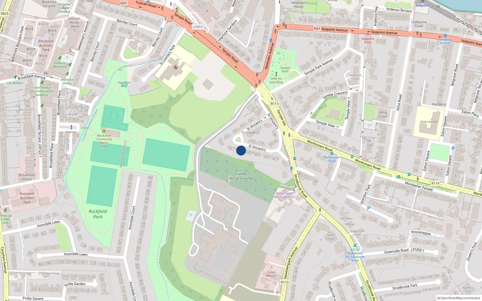 Overhead map showing the location of 11 St Vincents Park, Temple Hill, Blackrock