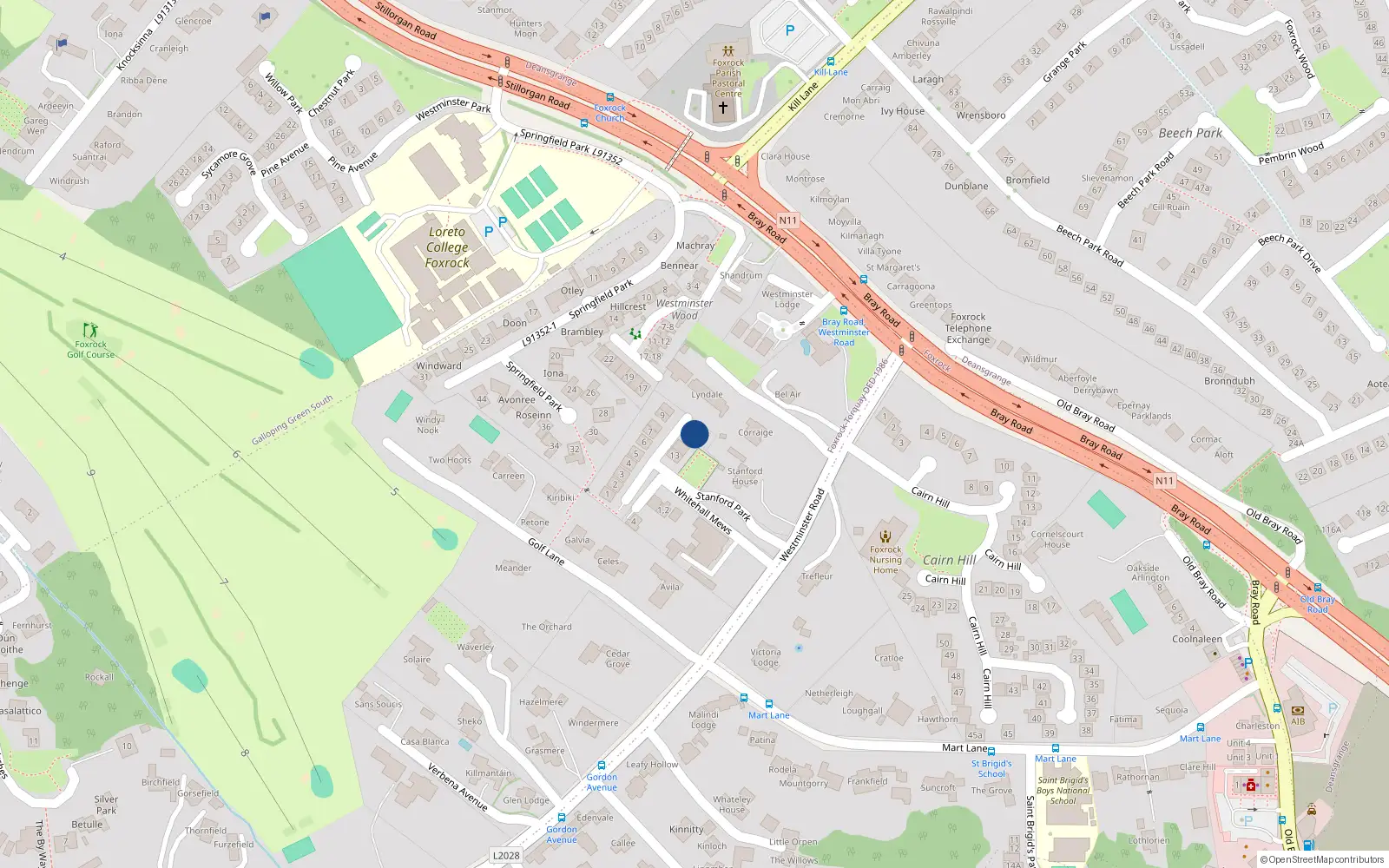 Overhead map showing the location of 11 Stanford Park, Foxrock