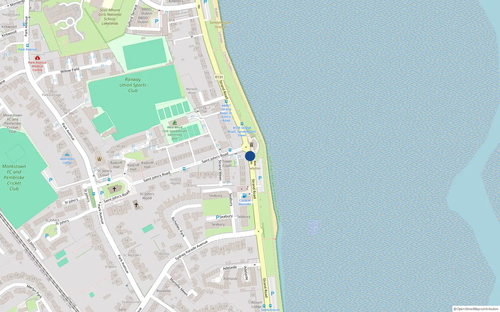 Overhead map showing the location of 11 Strand Road, Sandymount